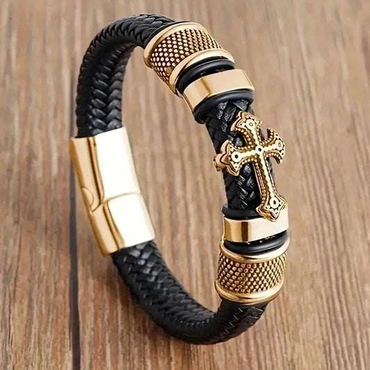 Vintage Hand Woven Leather Cross Bracelet For Men