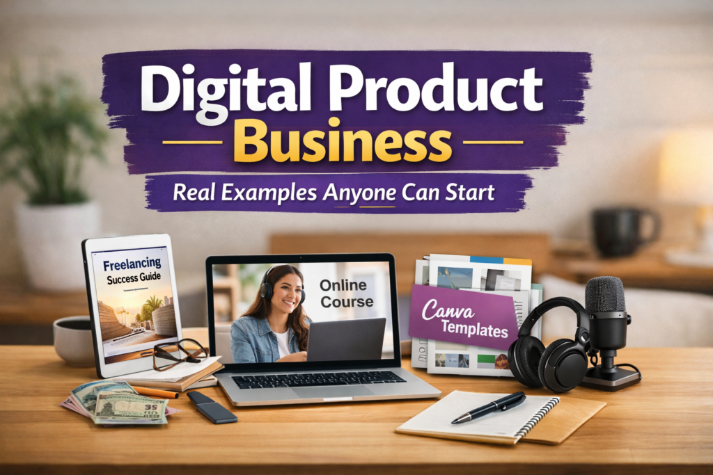 Digital product business examples like ebooks, courses, and templates